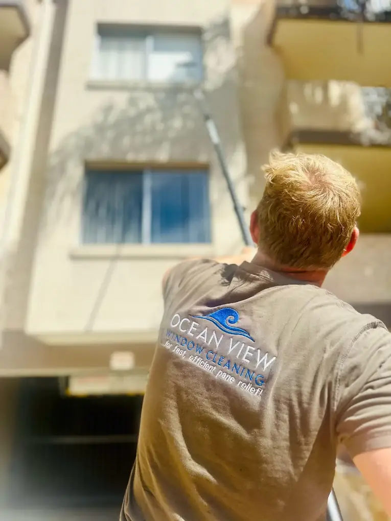 Window cleaner using a pole on apartment windows