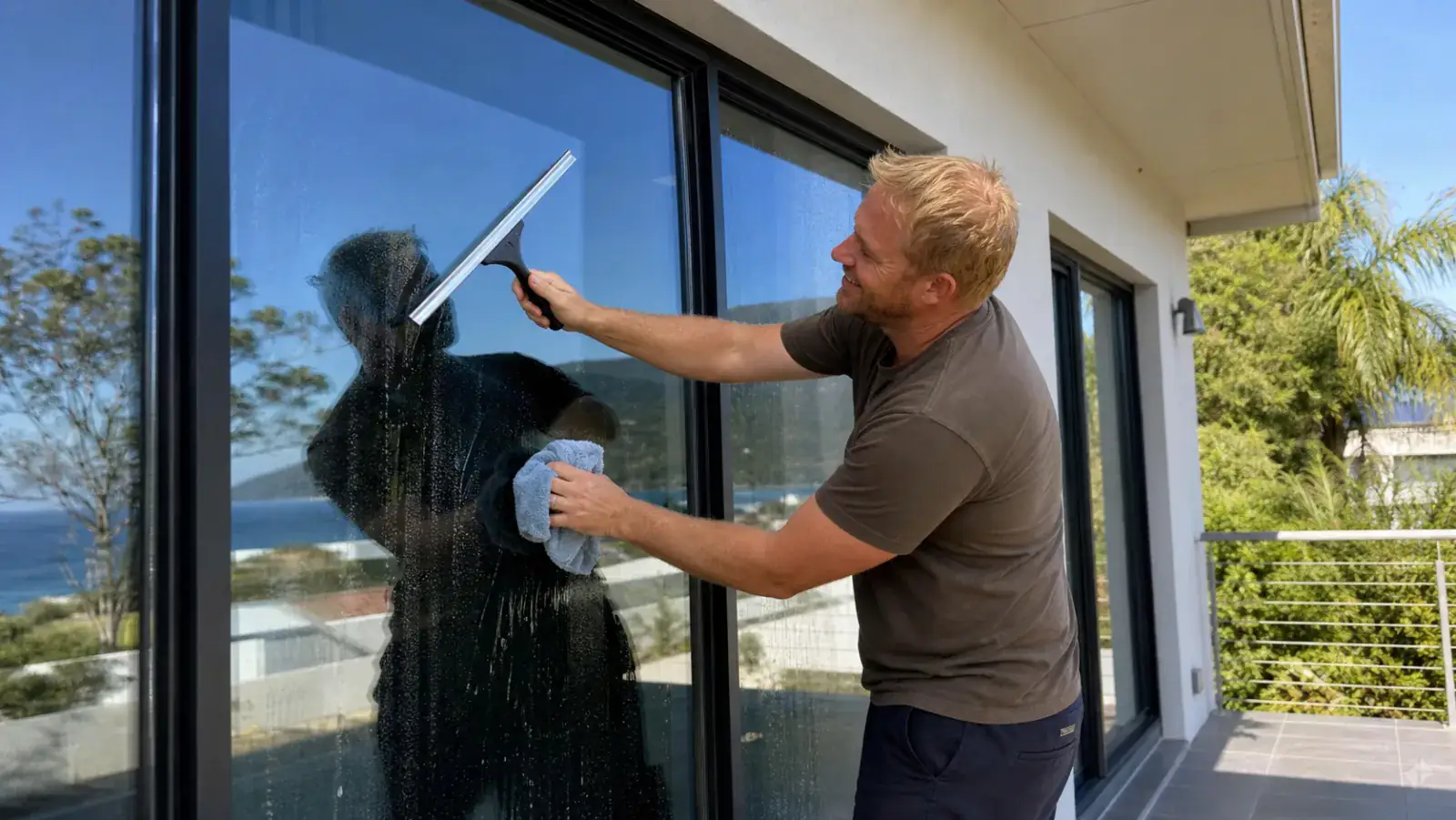 Cleaner washing a large residential window